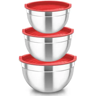 TEAMFAR Rührschüssel mit Deckel, Edelstahl Schüssel Salatschüssel 3er Set - 4,5L / 2,5 L / 1,5 L, Schüsselset perfekt für Backen/Vorbereiten/Servieren, Spülmaschinenfest, Rot