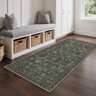 GENIMO Boho Vintage Teppich, Waschbar & rutschfest, Kurzflor Teppich für Schlafzimmer, Büro oder Esszimmer, Stilvoller Carpet, Antikes Graubraun, 80x150 cm