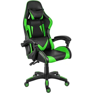 BAKAJI Gaming-Stuhl, Schreibtisch, Büro, Zuhause, aus Kunstleder, Rückenlehne verstellbar, Lendenkissen, Kopfstütze 360 Grad drehbar, höhenverstellbar, Basis 5 Rollen mit Fußstütze (grün)