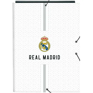 Real Madrid 1. Team 24/25, Folio-Ordner mit 3 Klappen, ideal für Kinder verschiedener Altersgruppen, bequem und vielseitig, Qualität und Widerstandsfähigkeit, 26 x 36,5 cm, Weiß/Grau, Weiß/Grau,