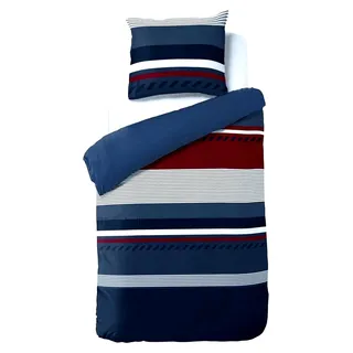 Seersucker Bettwäsche Navy · 100% Baumwolle · Blau mit Streifenmuster · Sommerbettwäsche · Leicht und luftig · Bügelfrei und pflegeleicht · Waschbar bis 60°C 155x220 cm + 80x80 cm - Blau