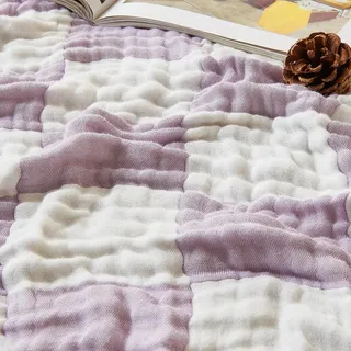 EMME Karierte Musselin Decke 70% Baumwolle 30% Bambus, Sofadecke Atmungsaktiv & Kühlend für Alle Jahreszeiten Vorgewaschen Couch Decke, Lila Karo, 130 x 150 cm