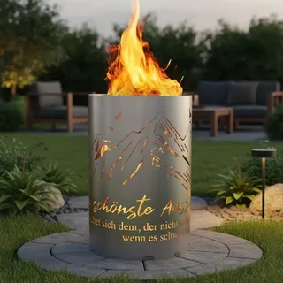 Feuertonne, Feuerkorb, Feuerschale mit Motiv BERGE - Die schönste Aussicht ergibt sich dem, der nicht aufgibt, wenn es schwierig wird"