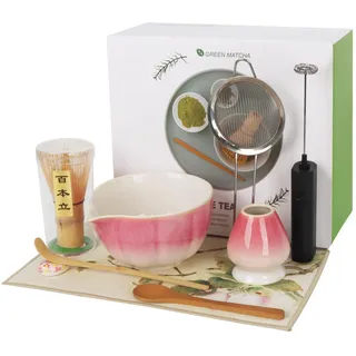 hzuisst Matcha Set Rosa, 9 Stück Matcha Tee Set mit 100 Zinken Matcha Besen, Keramik Schneebesenhalter, Matcha Schüssel, Schaufel, Löffel, Sieb, Schaufelständer, Teetuch, Elektrischer Quirl