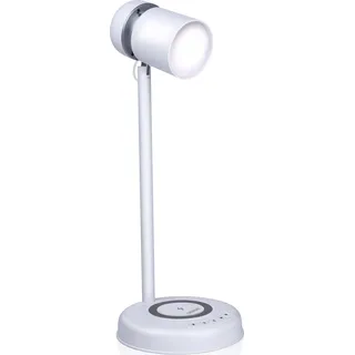 Grundig Schreibtischlampe Led 3-in-1 - Qi-Technologie - kabelloses Handy-Ladegerät - Bluetooth-Lautsprecher - 4 Standfüße - Weiß - Weiß