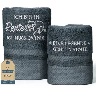Giftota Rentner Geschenk Mann - 2 teilig Handtuch Set 100% Baumwolle Bestickt Handtücher Grau, Renteneintritt Geschenk Männer - Badehandtuch 50 x 100 cm + Handtuch 35 x 75 cm