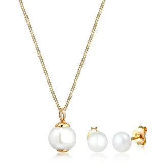Elli Ohrring und Ketten Set »Schmuckset Süßwasserperlen Weiß 925 Sterling Silber« (), goldfarben