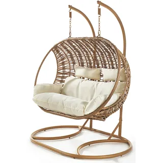 Kobolo Hängekorb MAKENA für 2 Personen inkl. Kissen mit Gestell Polyrattan braun Doppelsitzer Sitzsack Hängend Sessel Hängeschaukel Hängesessel Garten - Braun