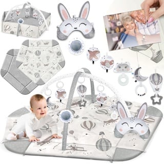 Nukido Interaktives Spielbogen Baby 5in1 Krabbeldecke für Baby Spielmatte mit 5 Wänden Laufstall Baby Babynestchen Neugeborene mit Bauchzeit Kissen 2 Bogen mit 7 Sensorik Spielzeug 136x96 cm