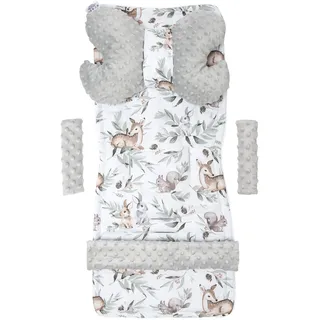 Medi Partners Sitzauflage Kinderwagen Buggy Baby Sommer Kindersitz Einlage Universal - 5tgl Gurtpolster + Spielbogen Kinderwagenset Babyschale (Hirsch in Blättern mit Grau Minky)