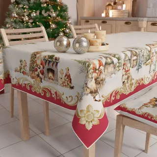 Petti - Weihnachtstischdecke Tischdecke 140 x 240 cm, rechteckig, schmutzabweisend & fleckenabweisend, Pflegeleichte Mikrofaser mit Motiv Vintage-Weihnachten, ideal für Advent & Weihnachten