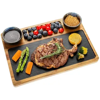 HALE OTEIR Schieferplatte Servierplatte Für Steak, Zum Grill Geschirr, Schieferplatte Servierplatte aus Akazien-Holz mit 2 Dipschale und Fächern, Steakteller Vorspeisenteller