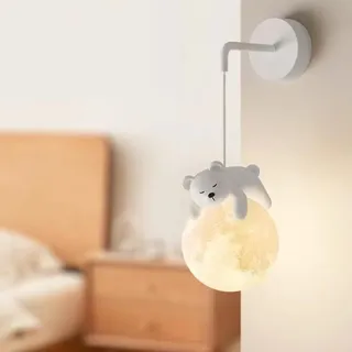 Hardwired Wandleuchter Kinderzimmer 3D-Druck Mondball Schlafzimmer Wandleuchte Niedlich Cartoon Tiere Kaninchen Panda Bär Weiß Nordic Dimmbar Nachttisch Wandleuchte für Jungen Mädchen Zimmer...