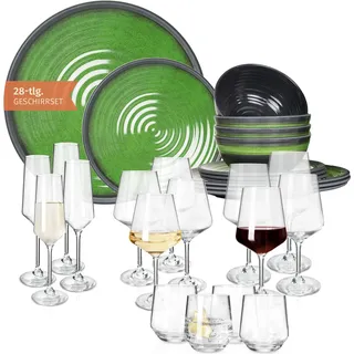 Melamin Camping Geschirr Set 4 Personen Stone Green + 16 Milano Gläser Wassergläser Weingläser Champagner-Gläser Flûtes Tafelgeschirr Picknick BBQ Kochgeschirr