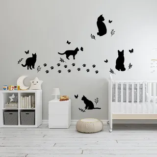 SUPERDANT Schwarze Katze Wandtattoo 7 Katzen Schmetterling Wandsticker Schäl Und Klebe Wandaufkleber Tier Vinyl Wandsticker Wanddekor Für Schlafzimmer Wohnzimmer Kinderzimmer Klassenzimmer Schule