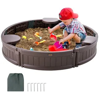 Vevor Sandkasten mit Abdeckung, runder Sandkasten, HDPE-Sandgrube mit 3 Ecksitzen & Bodenauskleidung, Kindersandkasten für Garten, Strand, für Jungen & Mädchen im Alter von 3–12 Jahren, braun