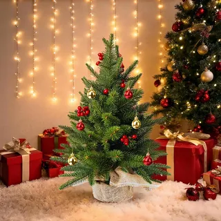 Mini Weihnachtsbaum 60cm, PhilzOps Künstlicher Tannenbaum Innen Klein Weihnachten Tisch Geschmückt Christbaum mit Rote Beeren und Weihnachtskugeln Kunstlich Baum Geschenk für Weihnachtsdeko Büro Haus