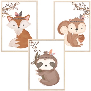 MeinBaby123® Bilder Kinderzimmer | 3er Set DIN A4 Poster Set | Indianer-Tiere Boho Wandbilder | Deko Bilder Kinderzimmer | Babyzimmer Deko | Wandposter Premium (Tiere Boho - Set 4)