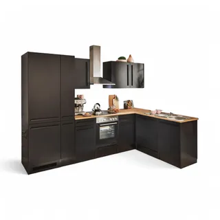 Stella Trading Jazz 8 Moderne Eckküche mit Elektrogeräten in Schwarz matt, Lanzelot Eiche Optik - Geräumige Küchenzeile in L-Form mit viel Stauraum - 310 x 211 x 60 cm (B/H/T)