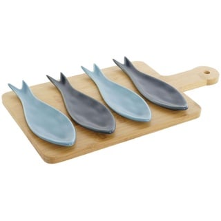 Home ESPRIT Snack-Set, Blau, Grün, Marineblau, Bambus, mediterranes Porzellan, Fische, 36 x 18 x 1,3 cm, 5-teilig