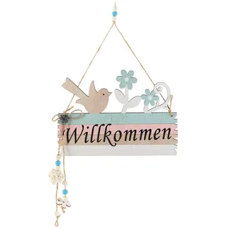 COM-FOUR® Türschild "Willkommen" - Deko-Schild Frühling aus Holz mit Kordel zum Aufhängen - Oster-Deko Schild für die Haustür (01 Stück - Vogel und Blume)