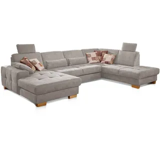 CAVADORE Wohnlandschaft Puccino mit Federkern, Bettfunktion, Bettkasten, Sitztiefenverstellung und 2 Kopfstützen / Sofa in U-Form im Landhausstil / 340 x 86 x 224 cm / Mikrofaser Hellgrau