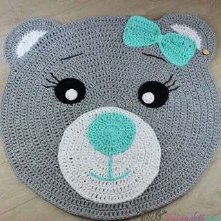 Teppich Teddybär / Teddybär / Runder Häkelteppich / 100 cm Durchmesser / 5 mm Baumwollkordelteppich / Wohnzimmerteppich / Kinderzimmerteppich / Kinderteppich / Badezimmerteppich / Bodenmatte / Baumwollteppich / Skandinavischer Teppich / Heimdekoration / personalisierter Teppich / Teppich für ein Mädchen - Grau