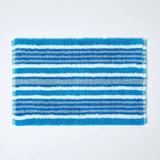 Homescapes waschbare Badematte, handgewebt aus 100% Baumwolle, 40 x 60 cm, Duschvorleger, blau-schwarz-weiß gestreift