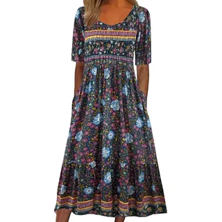 Damen Kurzarm Rundhals Sommerkleid Tunikakleid Knielang Boho Blumendruck Midi Kleid Sommer A-Linie Leicht Lose Midikleid Strandkleider Freizeitkleid Mit Taschen