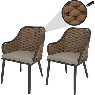 2er-Set Aluminium-Gartenstuhl HWC-O16, Outdoor Stuhl, Olefin (200 g/m2) Seilgeflecht Rope beige Kissen hellbraun - Beige