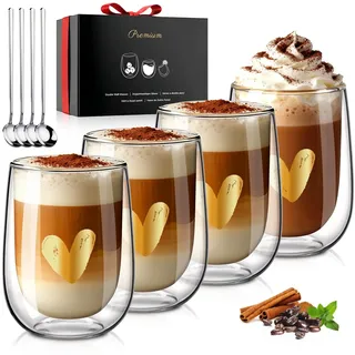 glastal PREMIUM Doppelwandige Latte Macchiato Gläser 4er Set 350ml HERZ | OHNE Versiegetes LOCH, Doppelwandige Gläser, Geschenke für Frauen Freundin zu Geburtstag Valentinstag Weihnachten