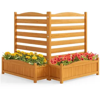 HOMASIS 2 Blumenkästen mit Gartenzaun, Holz Pflanzkasten mit Sichtschutz, Hochbeet mit Spalier & Abluflöchern, DIY modulare Pflanzkübel mit Gartenspalier für Garten Balkon Terrasse (2 Zäune)