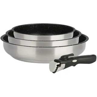 Kamberg - Pfannen-Set aus Edelstahl, 4-teilig, mit Steinbeschichtung, für alle Herde, auch Induktion, abnehmbarer Griff, ohne PFOA, 0008135, Grau