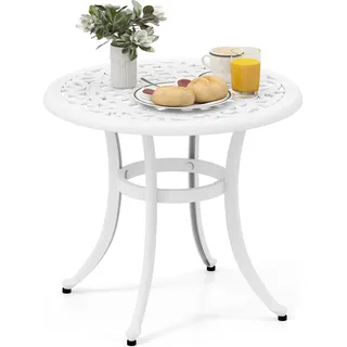 COSTWAY Beistelltisch, Balkontisch wetterfest mit verstellbaren Fußpolstern, runder Gartentisch Aluminiumguss 60x60x53cm Weiß - Weiß