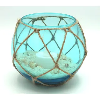 Sea-Club Fischerkugel-Teelicht Maritime Deko Glas/Sand/Muscheln H=10cm Ø=13cm meeresblau