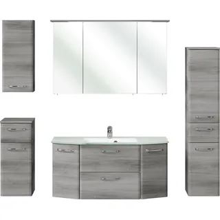 Saphir Badmöbel-Set »Quickset 5-teilig Glas-Waschtisch mit LED-Spiegelschrank, Bad-Set«, (6 St.), Midischrank, Unterschrank, Hängeschrank, inkl. Türdämpfer, 9 Türen, grau