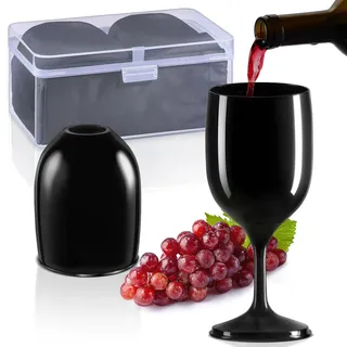 ecooe Weingläser Kunststoff to go, 200ml Schwarz Camping Weinglaser 2er Set, Moderne Rotweingläser Weißwein und Sektgläser mit Wasserdichter Tasche und Praktischer Box für Reisen Camping Picknick