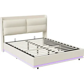 Polsterbett mit Stauraum - Doppelbett 140x200 cm - Samtbezug - LED-Beleuchtung & Wireless-USB-Ladung - Kopfteil - Holz-Metall-Gestell - Weiß