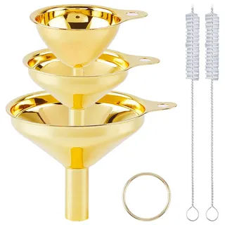 GORGECRAFT 3 Stück Kleines Metall Trichter Set 6.3x7.5 Cm 4.9x5.6 Cm 3.7x4.6 Cm Goldenes Metall Edelstahl Für Die Küche Kochen Lebensmittelqualität Trichter Mit Reinigungsbürsten Für Ätherische Öle Ge