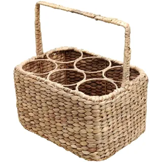 Relaxdays Flaschenkorb, 6 Flaschen, Wasserhyazinthe, geflochten, HxBxT: 34 x 32 x 22 cm, Getränkekorb mit Henkel, Natur