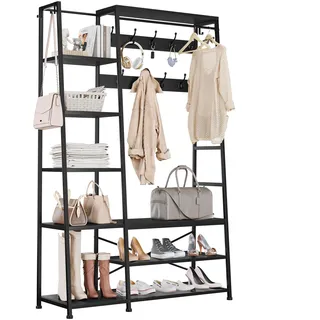 YITAHOME Garderobenständer, Großer Garderobe mit Bank, Industriegarderobe mit Schuhablage, Bodenstehende Kleiderstange mit 9 Haken und 5 Ablagen, Kleiderständer für Flur, Wohnzimmer, Schwarz