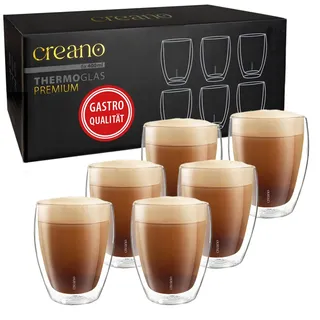 Creano PREMIUM doppelwandige Trinkgläser 400ml - 6er Set - OHNE versiegeltes LOCH deshalb Gastronomie Qualität - 100% Spülmaschinenfest - doppelwandige Gläser - Latte Gläser - Cappucinotassen