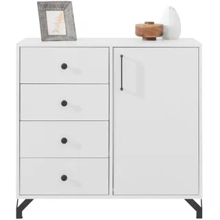 Kommode BERGO Weiß Sideboard mit 1 Tür und 4 Schubladen, ideal für Jugendzimmer, - Weiß