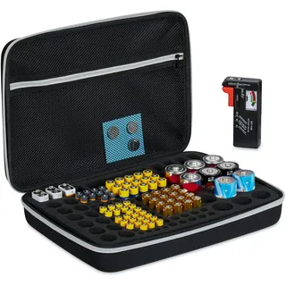 Relaxdays Batteriekoffer mit Tester, für aa, aaa, c, d & 9V-Blockbatterie, Aufbewahrungsbox 134 Batterien, schwarz - Relaxdays