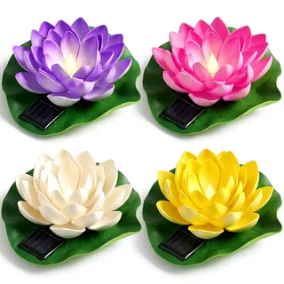 Aohcae 4 Stück Schwimmende Lotuslichter, Wasserdichte Solar Lotusblüte, Seerosen Künstlich Solar für Garten Hof, Schwimmbad, Brunnen und Aquarien