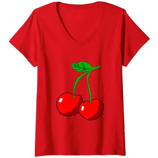 Damen Süße Kirsche Cherry Sommer Obst Frucht Kirschen T-Shirt mit V-Ausschnitt, Rot, S