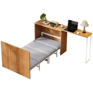 Redom Klappbett 90/200 cm mit drehbarem Schreibtisch, Rollen und Matratze, platzsparend, Natur , Naturfarben , Naturmaterialen , 90x200 cm , Schlafzimmer, Betten, Gästebetten, Klappbetten