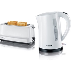 SEVERIN AT 2234 Automatik-Toaster (1.400 W, 2 Langschlitzkammern, Für bis zu 4 Brotscheiben) weiß/grau, 15x22x25cm & Wasserkocher, 1,5 L, ca. 2.200 W, WK 3494, Weiß/Schwarz