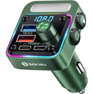 SONRU FM Transmitter Bluetooth 5.3 Adapter Auto, Bass & HiFi Stereo Freisprechanlage Mit [PD 36W & QC 3.0 18W] Schnelles Autoladegerät