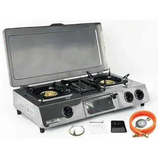 fontron ltd. GC-87C Edelstahl Gaskocher 3 flammig mit Deckel Gasgrill Campingkocher